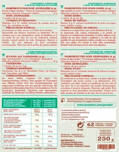 SPIRULINE BIOLOGIQUE EN POUDRE * POWDER Nothing But Plants® * 250g * Riche en Protéines