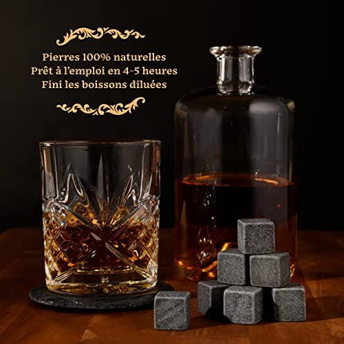 GOURMEO Coffret Pierre à Whiskey en Basalt en Lot de 8 + 2 Verre + 2 sous Verre + 1 Pince en Acier Inoxydable