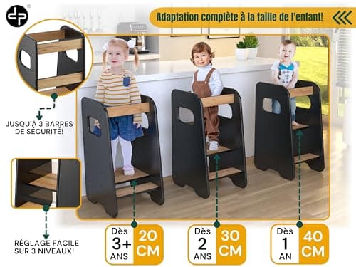 defiPad Tour d Observation Enfant Montessori - Tour d'apprentissage à partir de 1 an - Sûr et réglable en Hauteur- Élégant et Robuste - Fabriqué dans l'UE - Tour d'Observation Montessori - Noir Chêne