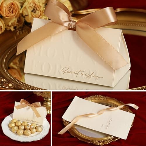 ONEBO 20 Pièces Boîte de Bonbons Mariage,Boîte Papier Cadeau,Boîtes Bonbons Papier,Boîtes à Dragées Mariage, Livré avec un ruban d'attache, Pour Cadeau De Bricolage(Champagne)