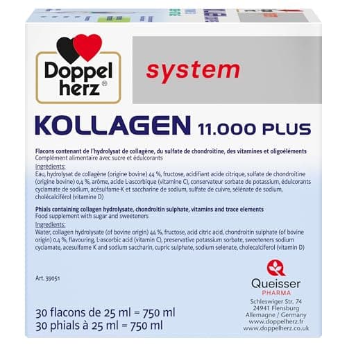 Doppelherz, Kollagen 11000 Plus, Hydrolysat de collagène et Vitamines C, D et minéraux, Pour les os, cartilages et muscles, Goût fruits des bois, 30 flacons de 25ml