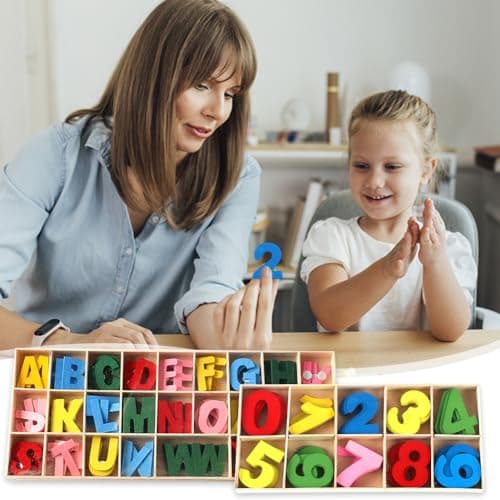 Lot de 216 PCS Lettres et Chiffres en Bois,Lettres En Bois Ensemble - avec plateau de rangement,Pour Travaux Manuels, Décoration de La Maison et Enseignement Pour Enfants