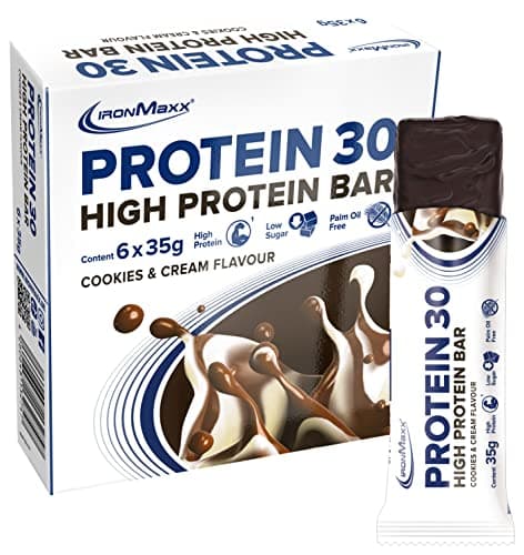 IronMaxx 30 Barre protéinée - Cookies & Cream 6 x 35g | barre protéinée sans huile de palme, sans gluten et vitaminée | convient aux régimes à teneur réduite en sucre et aux régimes low carb