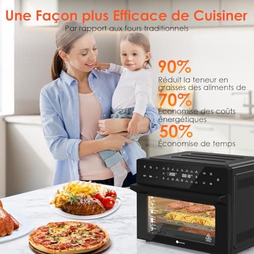 LLIVEKIT 30L Friteuse sans Huile XXL avec Tournante Rôtissoire, Air Fryer 20 Programmes et 9 Accessoires, Friteuse sans Huile avec Écran Tactile LED, Mini Four avce Livre de Recettes, 80°C-230°C