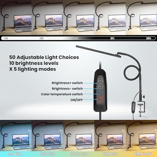 Lampe de Bureau LED, BIENSER 14W Lampe de Table Architecte Flexible avec Pince, 10 Niveaux de Luminosité X 5 Modes de Couleur, Lampe de table Réglable, Protection des Yeux, 5V/2A CE Adaptateur Incluse