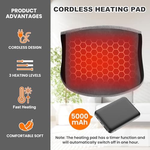 Arlierss Graphène Ceinture Chauffante Lombaire avec Batterie 5000mAh, Coussin Chauffant avec 3 Niveaux de Température, Ceinture Lombaire Chauffante avec Arrêt Automatique
