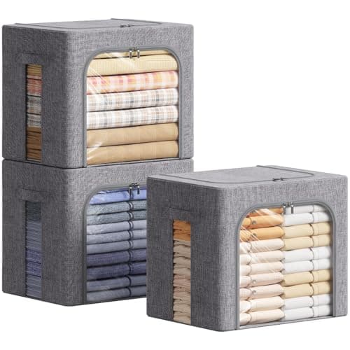 Lifewit Lot de 3 Sacs de Rangement Robuste avec Cadre en Métal, Boîte de Rangement Pliable, Organisateur Placard, Rangement Sous Lit, Boîtes Rangement pour Vêtements, Couvertures, 40L, Gris