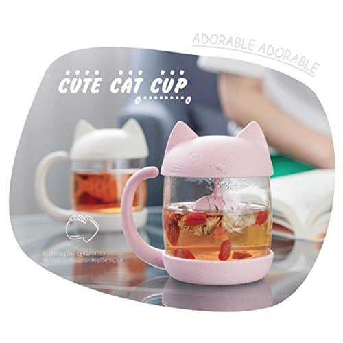 BigNoseDeer Cadeau Femme Cadeau Noel Tasse à thé en Verre de Chat Bouteille d'eau-avec Filtre de Filtre à Infusion de Pain de Poisson 250ML (8 oz) (Rose)