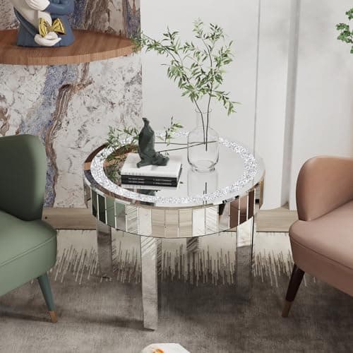 Artloge Table Basse Salon Ronde: Table Basse Argenté en Verre avec Diamants Table d'Appoint Moderne Design en Miroir pour Chambre Café Bureau - 60×60×50CM