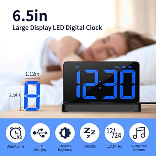 NOKLEAD Numérique Réveil - Horloge Digitale de Chevet avec 5 Sons, variateur Complet, Volume d'alarme réglable, Horloge numérique avec d'adaptateur USB, Grand Chiffre LED de 6,5 po, Snooze et 12/24hr