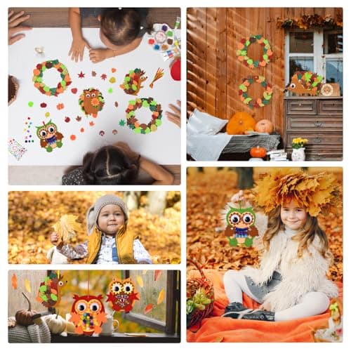 BETESSIN Loisirs Créatifs d'Automne et d'Hiver pour Enfant Bricolage Automne Mousse en Feutre avec Feuilles et Autocollant de Diamant Hibou Hérisson pour Halloween Thanksgiving Noël