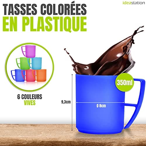 idea-station Neo tasse en plastique 6 x 350 ml - coloré - ensemble de tasses incassables pour enfants et personnes âgées - tasse de camping idéale avec poignée