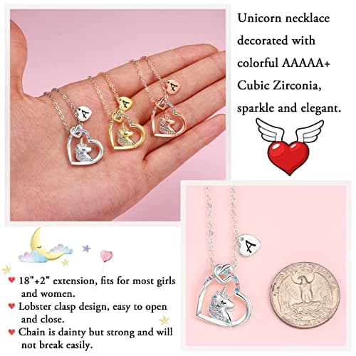 TINGN Collier de Cadeau de Licorne de Coeur pour des Fille, Collier de Licorne de Coeur Plaquée par Or Blanc 14K avec la Lettre E Cadeaux de Licorne Collier pour la Petite Fille Filles Bijoux