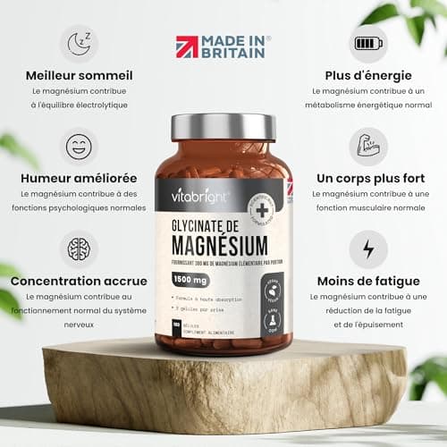 Magnesium Bisglycinate 1500mg, 3 Mois, 300mg de Magnesium Pur Élémentaire en Poudre, 180 Gelules de Magnesium Bio, Magnésium Bisglycinate/Bisglycinate de Magnésium Bio, VitaBright Magnesium Glycinate