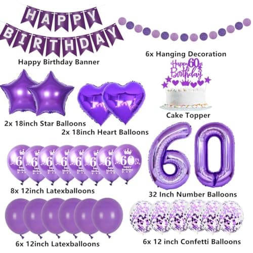 Violette 60 ans décorations anniversaire Femme, Décoration fête 60 ans Femme, anniversaire,Violet Décoration anniversaire 60 ans Femme,Ballons 60 ans anniversaire Décoration Femme Violet