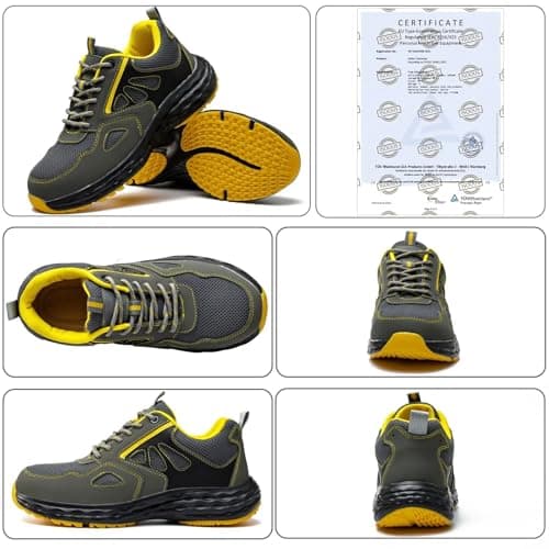 ISOOUS Chaussures de Sécurité Hommes Chaussures de Travail Femmes Légère Embout Plastique Basket Securite Antidérapante Cuisine Gris Jaune EU 45