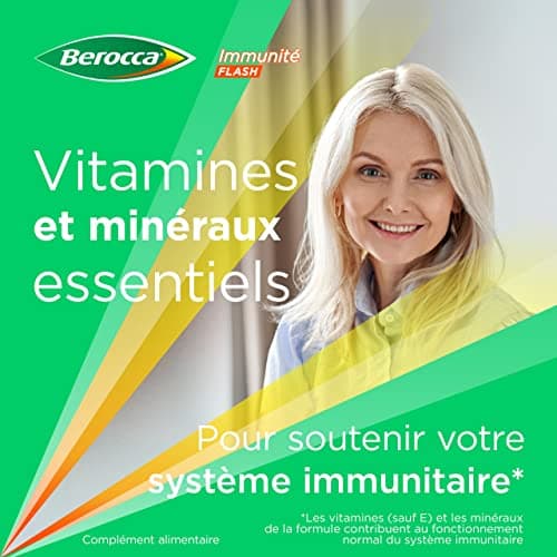 Berocca® Immunité Flash - Soutient le système immunitaire - Formule concentrée - Vitamines & minéraux - Vitamine C, D - Zinc -Sélénium - Fer - Complément alimentaire - 2X30 cp effervescents