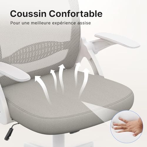 naspaluro Chaise de Bureau avec Accoudoir Relevable, Fauteuil de Bureau avec Soutien Lombaire, Siège Bureau avec Dossier Moyen de 45 cm, Hauteur d'Assise de 43 à 53 cm pour Maison/Bureau, Gris