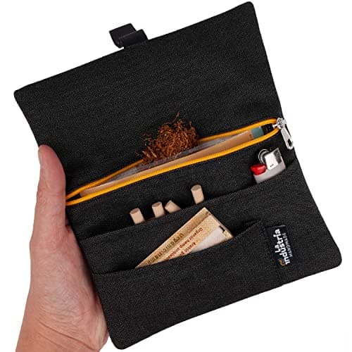 Blague à tabac à rouler hydrofuge - Pochette à tabac 30/50 g avec compartiments pour Feuilles, Filtres et Briquet (Fermeture jaune)