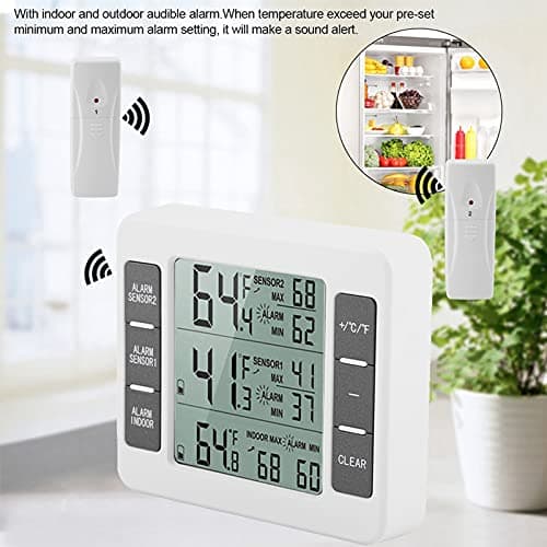 Thermomètre Congélateur sans Fil Thermomètre Numérique de Réfrigérateur avec Alarme Congelateur Thermomètre Frigo Intérieur Extérieur avec 2 Capteurs pour Cuisine et Maison