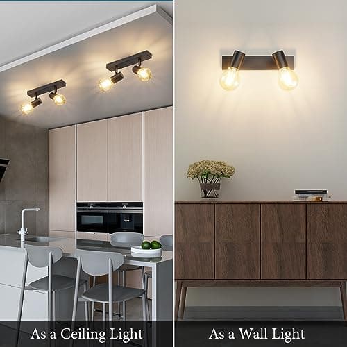 Klighten Spot Plafond E27, Vintage Plafonnier 2 Spots Noir Orientable, Luminaire Plafonnier Industrielle, Éclairage de Plafond Interieur pour Cuisine, Chambre, Salon, 26cm, Ampoule non Incluse