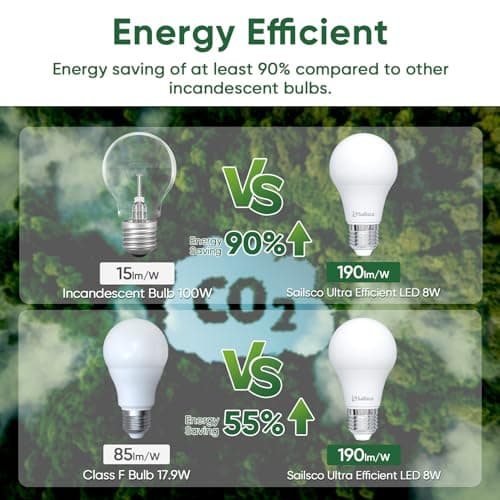 Sailsco Classe B Ampoule LED E27 Blanc Chaud,8W Equivalent Ampoule Incandescence 100W, 2700K Lumière Blanche Chaude 1521LM, Ampoule à économie d'énergie A60, Non-Dimmable, Lot de 6