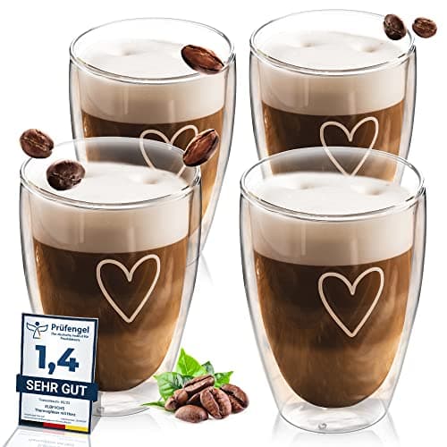 ElbFuchs® Tasses double paroi [4x 350ml] IDÉE CADEAU avec COEUR | Verre double paroi idéaux comme tasse cappuccino ou verre latte macchiato | Tasse à café original | Tasse transparente