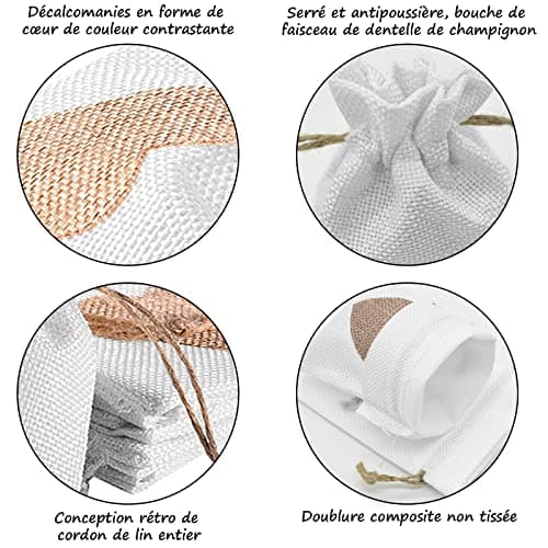 VEGCOO 24Pcs Motif de Coeur Sachets en Toile de Jute Pochettes 10 * 14CM, pour Dragees Mariage pour Bonbons Adeaux Cadeau Baptême Anniversaire Noël Petit (Blanche)