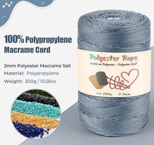 Estcoo Corde en Polyester, 250m Fil de Crochet, Corde en Premium Polypropylène avec des Ciseaux et des Crochet, pour Travaux Manuels, Déco de Maison,Assiettes de Table, Sac à Main, Bleu Foncé