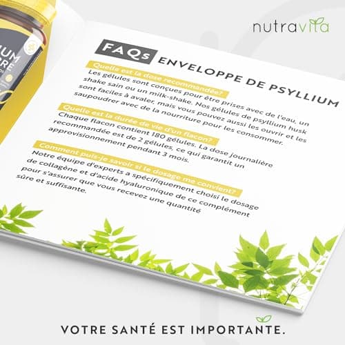 Psyllium Blond Bio 1400 mg par Dose - 180 gélules végane - Fabriqué à partir de graines de Plantago Ovata 100% pures − Fabriqué au Royaume-Uni par Nutravita
