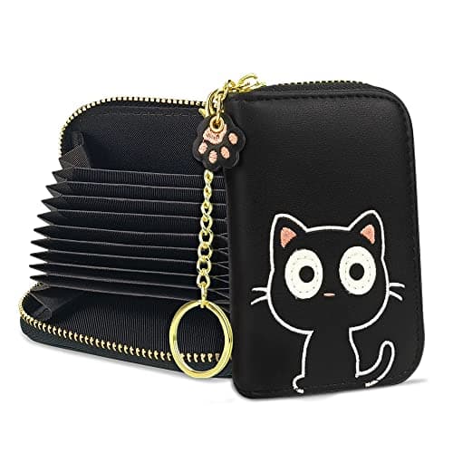 conisy Mignon Porte Cartes de Crédit en Cuir pour Femmes, Protection RFID Petit Portefeuille Fermeture Eclair avec Porte-clés (Chat Noir)