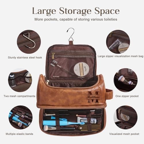 Trousse de toilette personnalisée pour homme, mari, papa Kit de voyage en cuir PU de grande capacité Fabriqué à la main Cadeau unique pour anniversaire | Fête des pères | Cadeau d'anniversaire