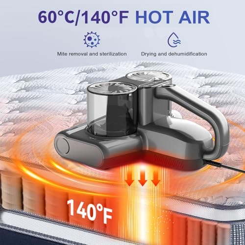 Solayce Aspirateur Anti-acariens pour Matelas, 16 KPA avec lumière UV 500 W, Forte Puissance d'aspiration avec Fonction air Chaud, ultrasons, élimine 99,9% des bactéries, allergènes et acariens