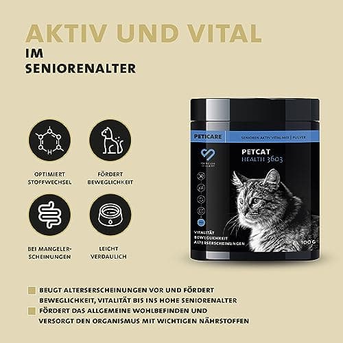 Peticare Senior Actif Vital Mix Poudre pour Chats âgés | Complément Alimentaire Naturel avec Moule Verte, MSM, Curcuma | stimule immunitaire & en Cas de carences | petCat Health 3603 (100 g)