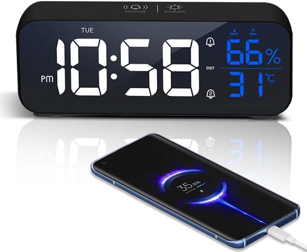 Reveil Matin, Réveil Numérique Miroir LED avec Fonction Snooze, Grand écran avec Affichage de la Température, Alarm Clock, Réveil Lumineux Alimenté par USB, Reveil avec 12/24H