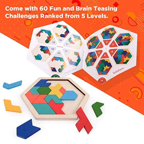 Coogam Puzzle en Bois pour Enfants - Forme hexagonale Motif Tetris Bloc Tangram Logic IQ Jeu STEM Montessori Casse-tête Jouet Cadeau pour Adolescents