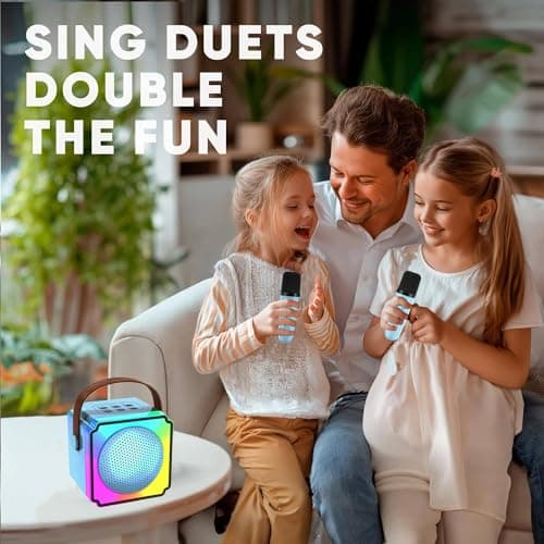 Joycome Karaoke Enfant avec 2 Microphones, Micro Portables Karaoké sans File, Jouet de Karaoké Bluetooth avec Voix Change et LED Lumière pour 3-12 Enfant Fille Cadeau Chanter Adulte - Bleu