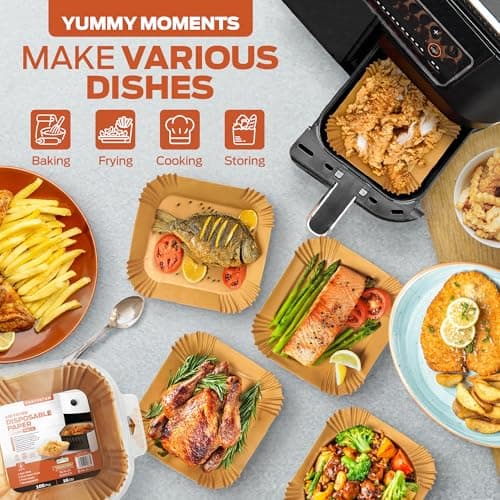 PORTENTUM Papier cuisson air fryer - 100 pièces Food-Grade BPA gratuit, 16 x 20 cm, pour friteuse sans huile 3 à 4,5 litres - Idéal pour la cuisson saine
