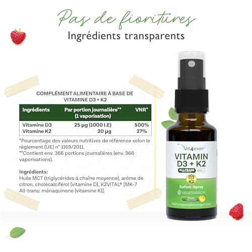 Vitamine D3 + K2 instantanée - Spray 50 ml - Goût citron - 99,7+% All-Trans (Original K2VITAL® de Kappa) - Testé en laboratoire 1000 I.U. de vitamine D3 par application