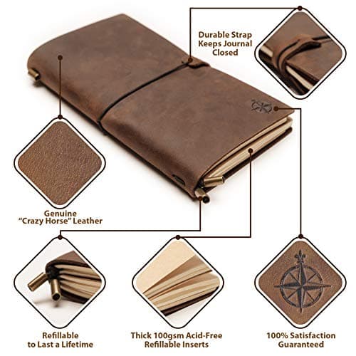 Carnet De Voyage En Cuir - Journal De Voyage Rechargeable Wanderings® - Journal En Cuir Véritable Fabriqué À La Main Pour Écriture, Poètes, Voyageurs, Planificateur De Vie - Inserts Vierges