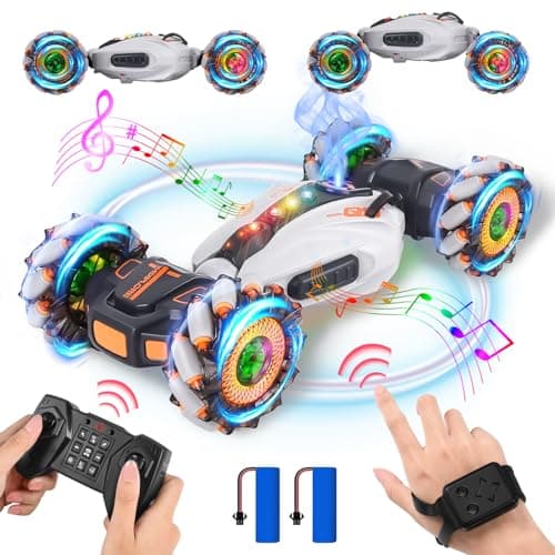 FORMIZON RC Stunt Auto Car, Voiture Télécommandée Tout Terrain avec Commande Manuelle 2.4GHz 4WD 360° Rotation RC Auto avec Spray, Musique et Lumière, Rotation Offroad Drift Cadeau Enfants(Gris)