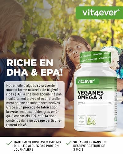 Oméga 3 Vegan - Premium : life'sTMOMEGA avec DHA & EPA d'huile d'algues sous forme de triglycérides - Faible en substances nocives - Dosage extra élevé - 90 capsules