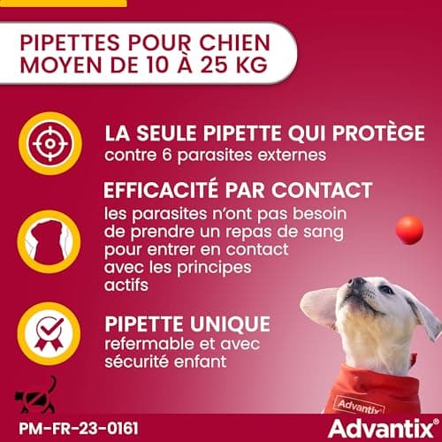 Advantix Chien Moyen entre 10 et 25 kg – Pipettes pour chien contre 6 parasites – Traitement et protection pour votre chien pendant 4 semaines – 6 x 2,5 ml