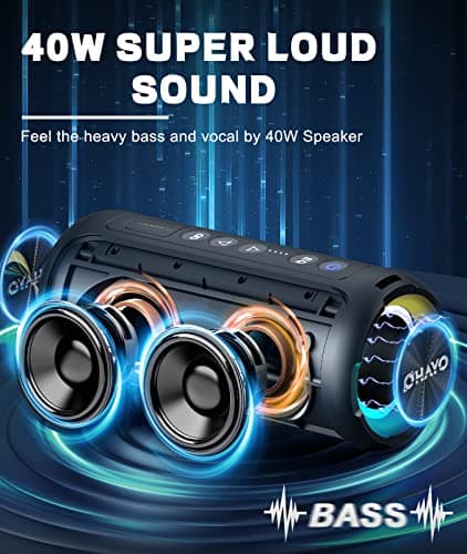 OHAYO Enceinte 5.3 Bluetooth sans Fil Puissante 40W, Portable Étanche IPX7, avec Lumières LED, Autonomie 30 hrs, Basses Profondes, AUX, TF Carte, pour Les Voyages/Extérieur