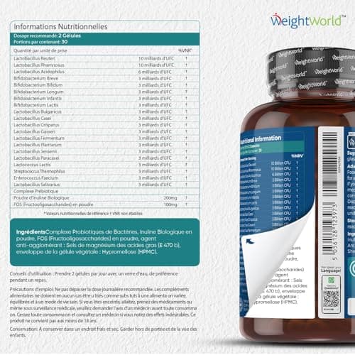 Probiotique Flore Intestinale 77 Milliards d'UFC Haute Dose - 20 Souches - 60 Gélules Vegan Probiotiques et Prébiotiques Lactobacillus Gasseri, Lactobacillus Rhamnosus, Bifidobacterium, Inuline, FOS.
