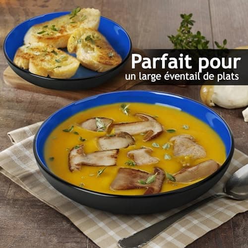 MIAMIO – 890 ml Kit de 6 bols à pâtes/bols à salade, assiettes à pâtes bols larges et peu profonds, grande assiette creuse en grès céramique pour servir la soupe, va au (Bleu)