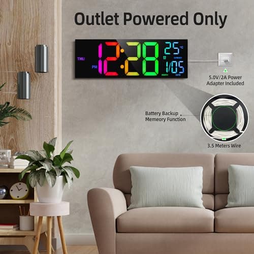 HAITANG Horloge Murale numérique 8 Couleurs, Grande Horloge numérique de 41,1 cm avec température, Date, Heure d'été Automatique, veilleuse, variateur de luminosité Automatique, Horloge Murale 24/12