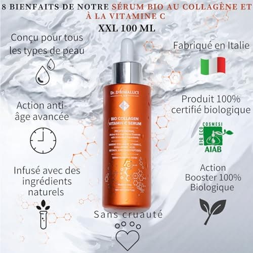 Vitamine C Serum Visage Collagene Acide Hyaluronique Retinol BIO 100ml |Soins de la Peau | Oligopeptides, Aloe Vera |Anti-âge Antioxydants Eclaircissant Sébum Balancer |Cosmétique Naturelle |Italie