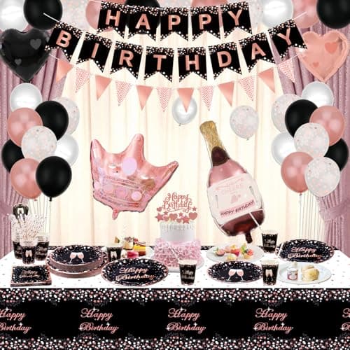 XJLANTTE Fournitures de fête Noir et Or Rose – Ballon, bannière Joyeux Anniversaire, décoration de gâteau, Tasses et Nappe pour décorations de fête Fille Femme, pour 20 invités (Set 02)