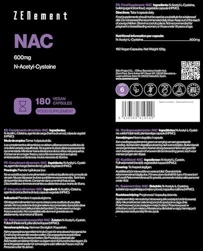 NAC N-Acétyl-Cystéine 600 mg - 180 Gélules Véganes | Approvisionnement de 6 Mois | Haute Pureté et Biodisponibilité | Sans Additifs | Végan | Zenement